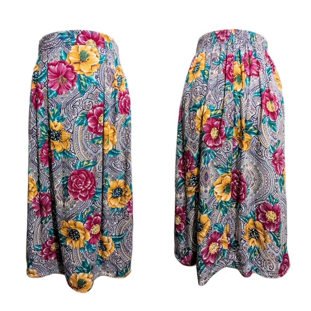 Vintage 80s Floral Print Midi Skirt Yellow and Pink Flower Print Skirt